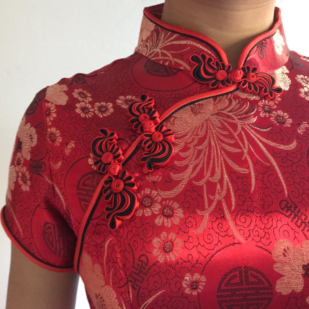 Red and Gold Floral Patterned Traditional Ankle Length Qipao/Cheongsam